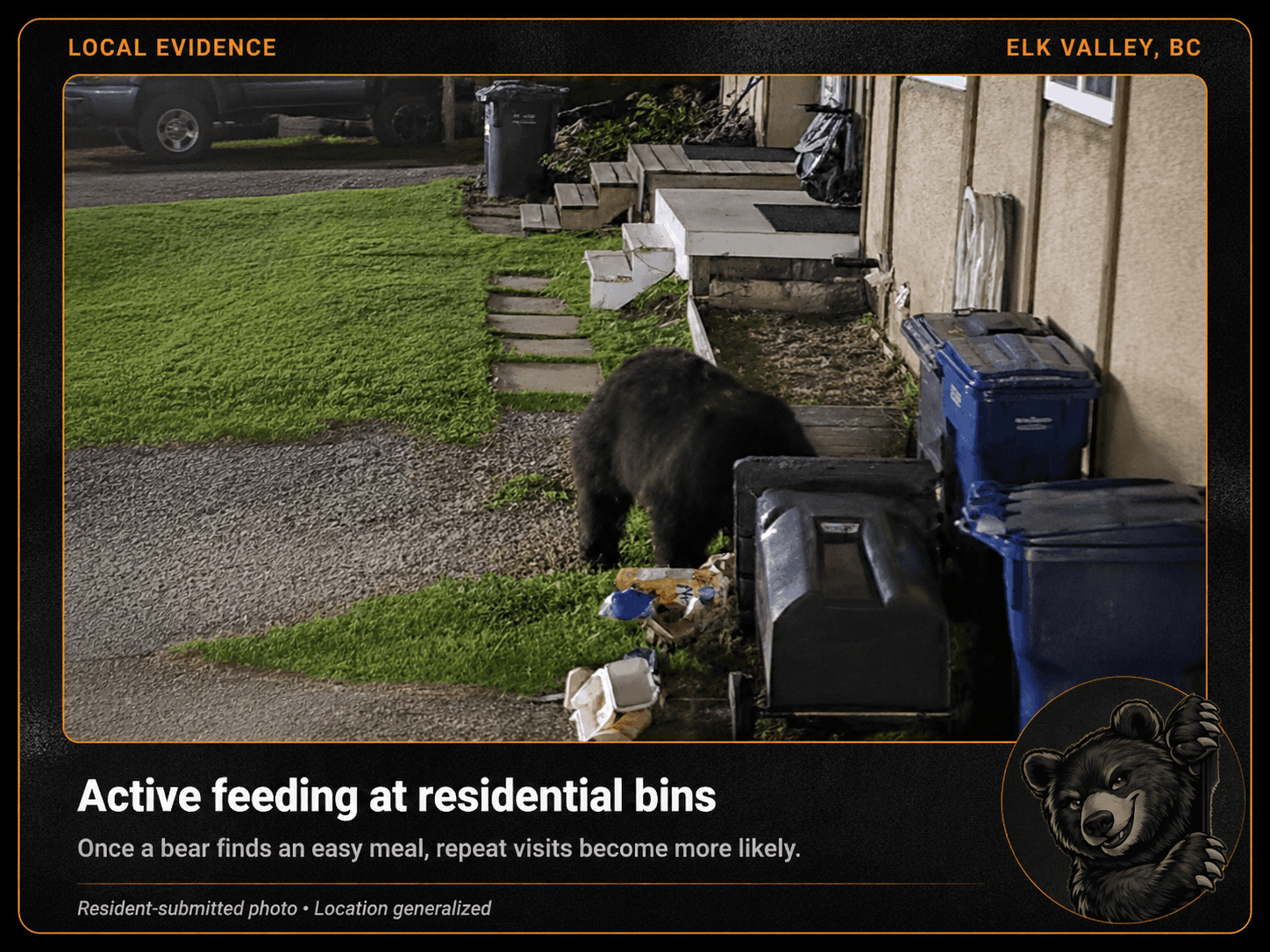 A bear feeding from tipped garbage bins against the side of a house, with waste spread across the ground.