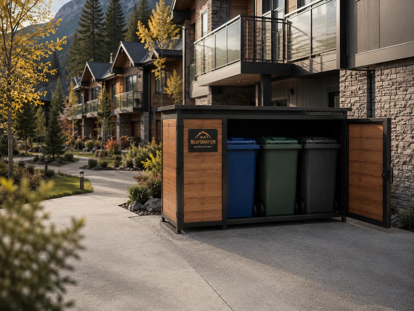 A wide BearBarrier Community enclosure holding three carts outside a townhome complex