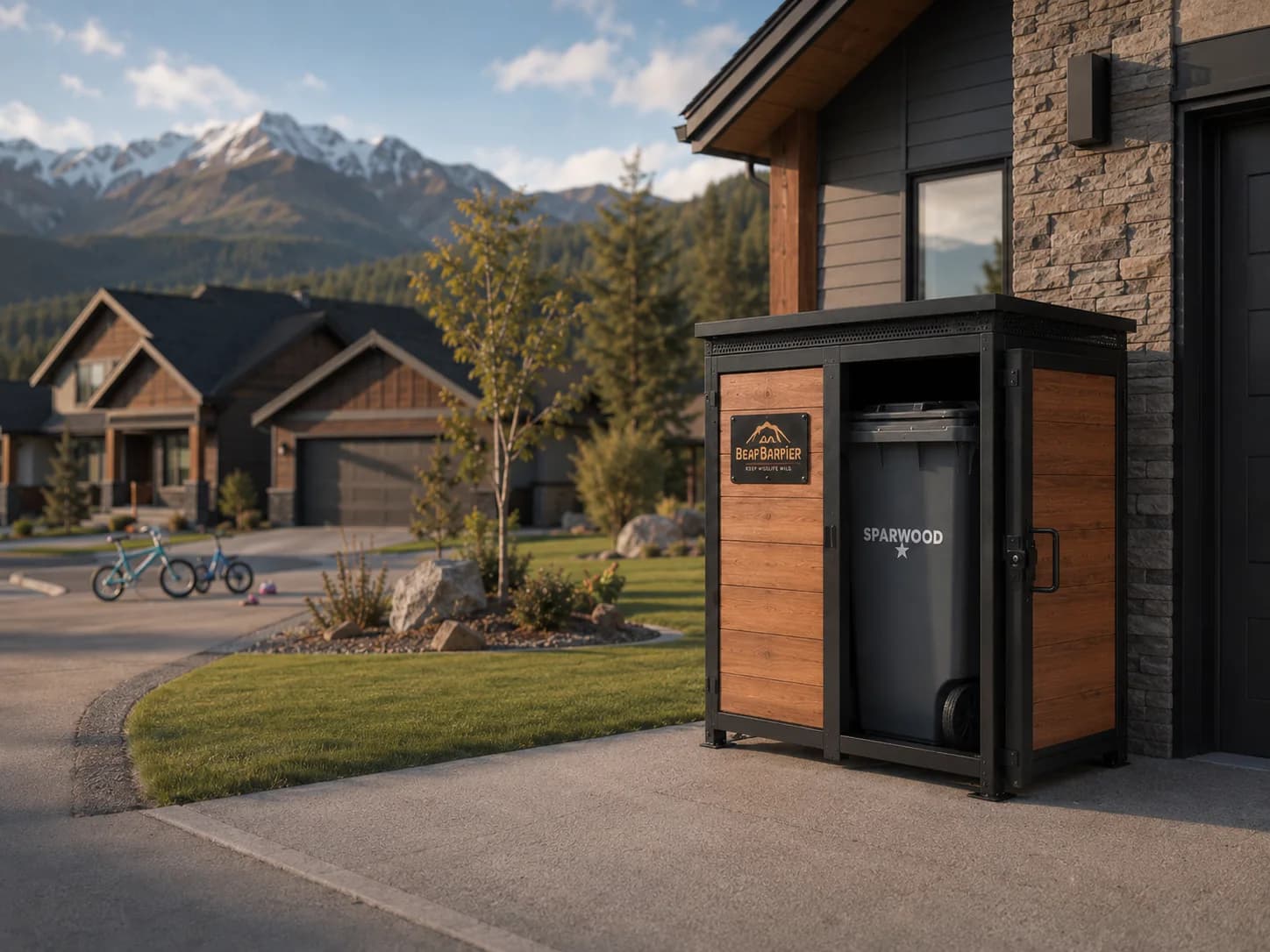 A BearBarrier Home enclosure with one Sparwood garbage cart secured inside