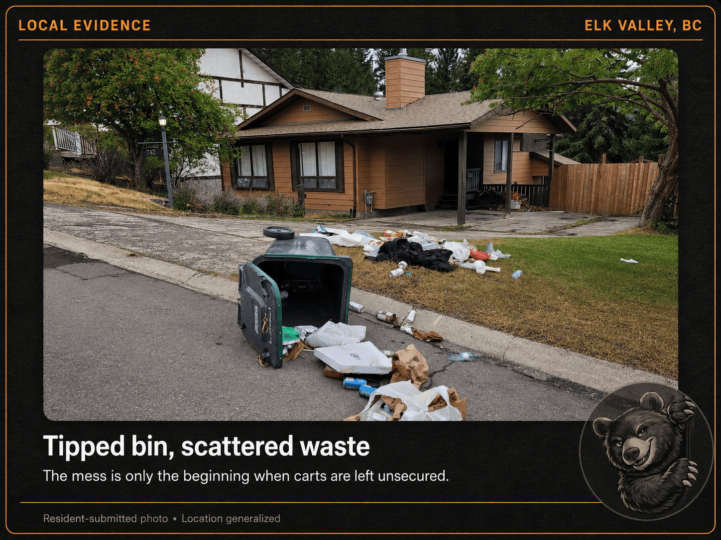 A tipped garbage cart with waste scattered across a residential lawn and street.